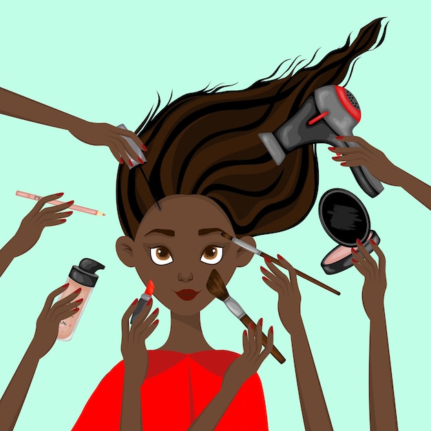 Dark-skinned girl surrounded by beauty items. cartoon style. vector illustration.