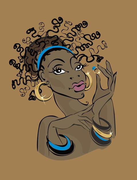 Vector dark-skinned woman in gold jewelry.