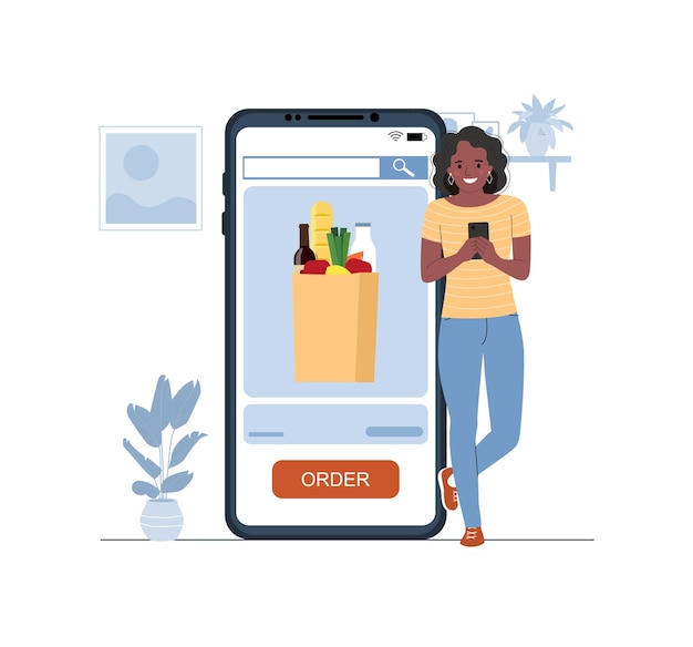 Vettore donna dalla pelle scura che ordina generi alimentari per la consegna a casa dal suo smartphone illustrazione vettoriale