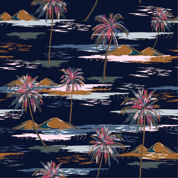 Dark summer night seamless island pattern landscape with colorful palm trees