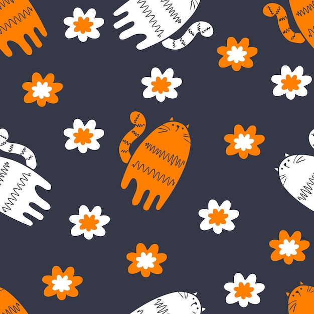 Dark summer seamless pattern with tigers and flowers perfect for tshirt textile and prints hand drawn vector illustration for decor and design