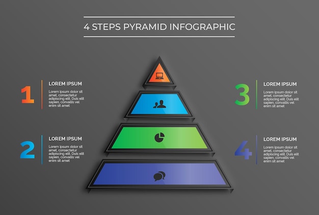 Vector dark theme modern 4 step pyramid infographic premium vector