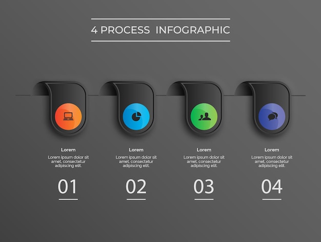 Tema scuro moderno infografica popup pin 4 processo premium vector