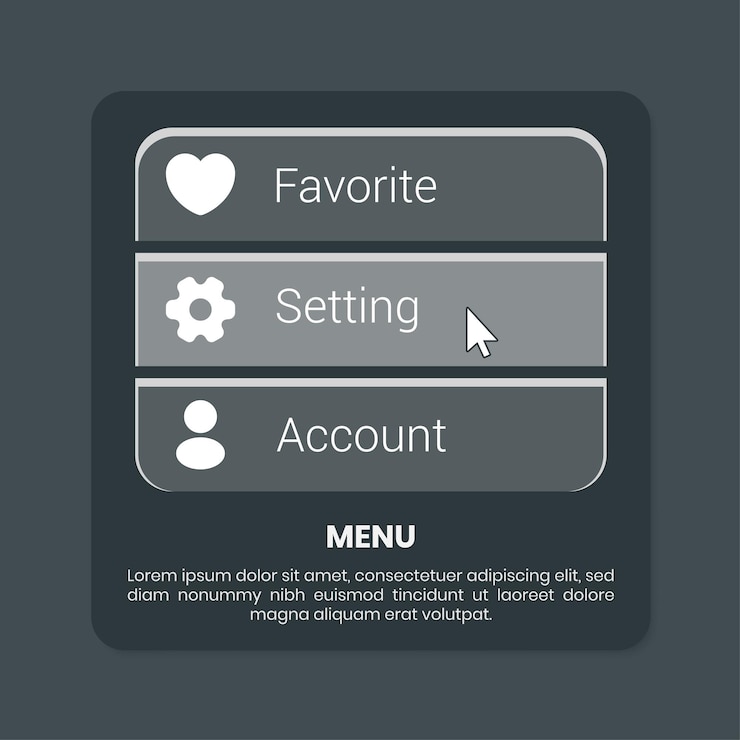 Vector dark theme option menu design for user interface