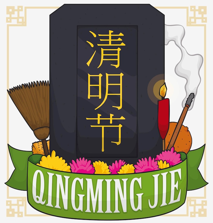 Vector dark tombstone decorated with elements to celebrate qingming festival with green greeting ribbon