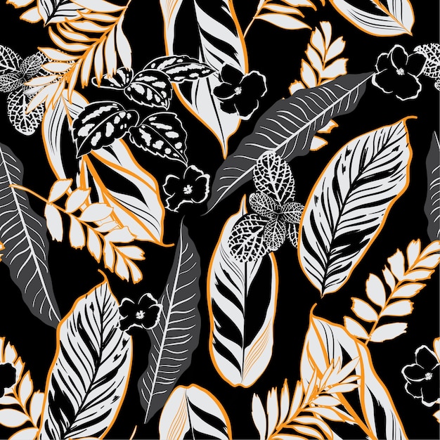 Dark tropical night leaves and foliage seamless pattern