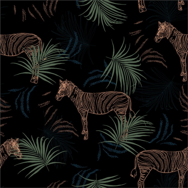 Dark tropical safari with zebra in the jungle seamless pattern