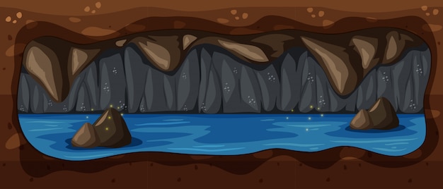 Vettore dark underground cave river scene