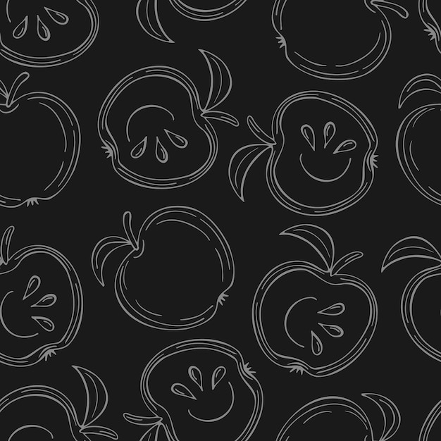 Dark vector seamless pattern with white contour apples and slice apples