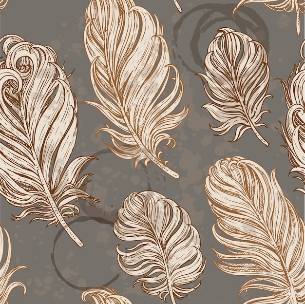 Dark vintage seamless romantic background from bird feathers on grunge stains from cups