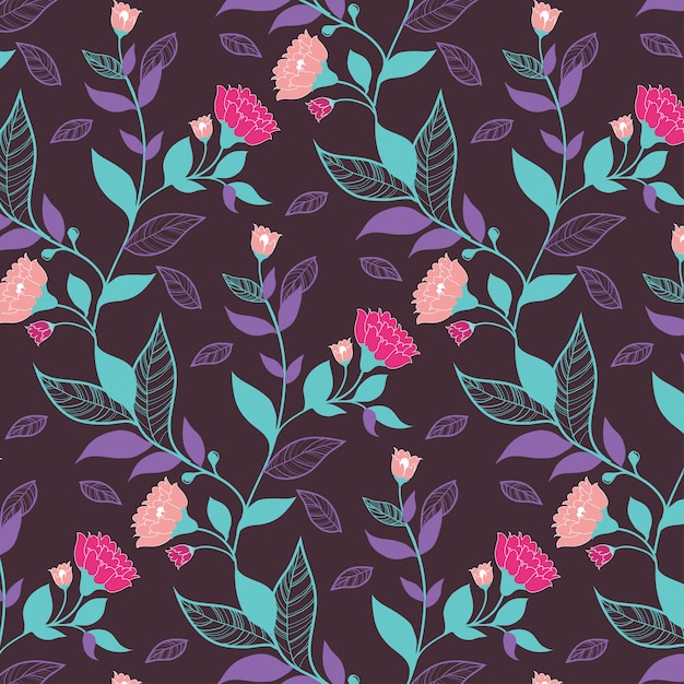 Вектор Темно-фиолетовый цветочный узор с листьями и розовыми цветами для оберточной бумаги
