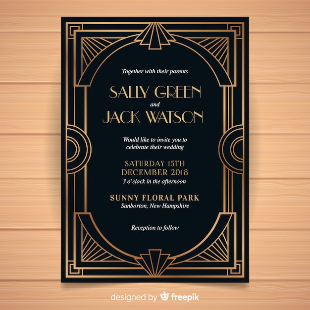 Vector dark wedding invitation template in art deco style