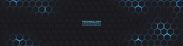 Dark wide hexagonal abstract technology banner with blue bright energy flashes under hexagon