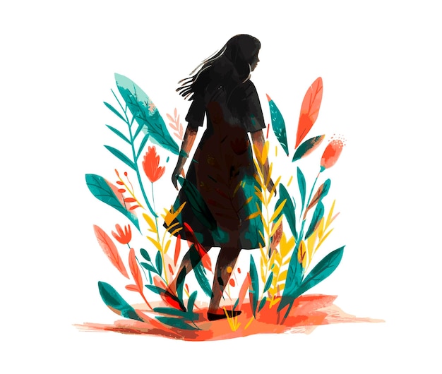 Vettore silhouette di donna scura perduta in fiori e piante illustrazione concettuale della crisi della mezza età