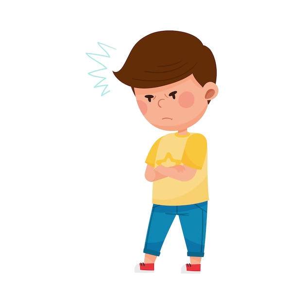 Vector darkhaired boy standing with arms folded and frowning vector illustration