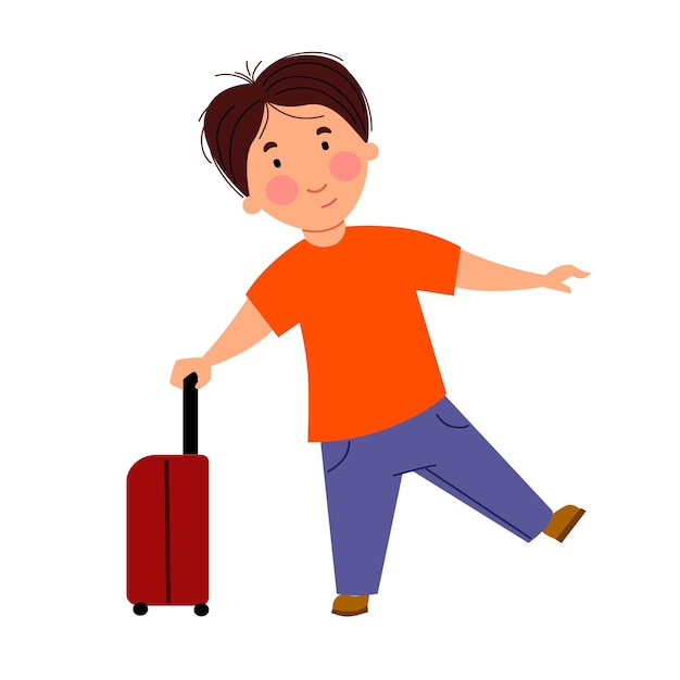 A darkhaired cute boy is holding on to a suitcase The child is waiting for his flight