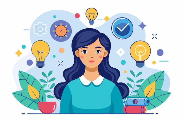 Darkhaired woman in blue shirt standing in front of bright light A woman with many ideas Simple and minimalist flat Vector Illustration