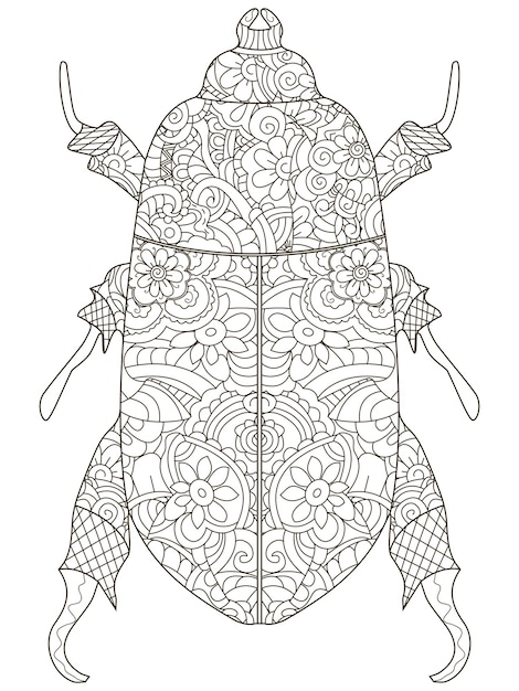 Darkling 딱정벌레 안티 스트레스 색칠 공부 벡터 개체 이집트 딱정벌레 흰색 배경에 검은 선