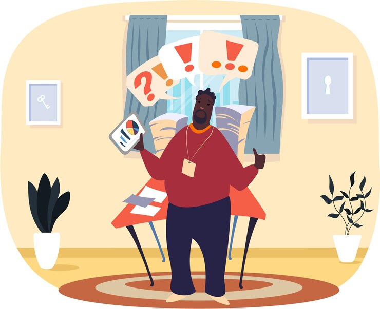 Vector darkskinned cartoon businessman looking at red question and exclamation mark above his head
