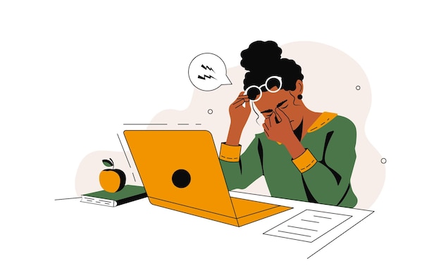 Vector darkskinned girl is tired of working on a laptop