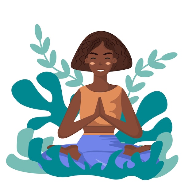 Vettore una ragazza dalla pelle scura si siede in una posizione di loto yoga sullo sfondo della natura