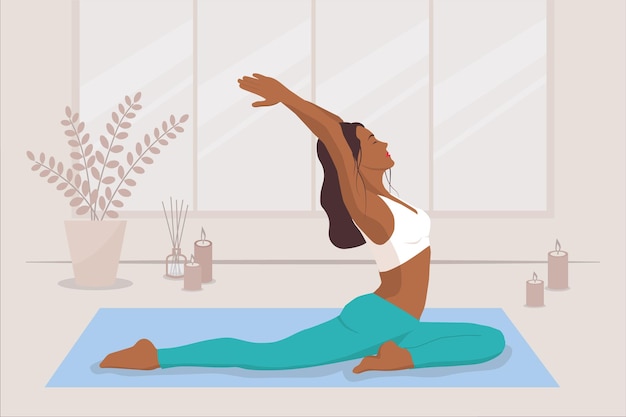 A darkskinned young woman does yoga in a bright room with candles