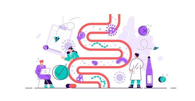 Vector darmflora illustratie flat tiny gastro-intestinale microbe persoon concept