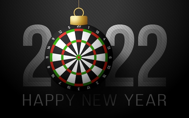 Dartboard 2022 새해 복 많이 받으세요. 고급스러운 배경에 다트판 공이 있는 스포츠 인사말 카드. 벡터 일러스트 레이 션