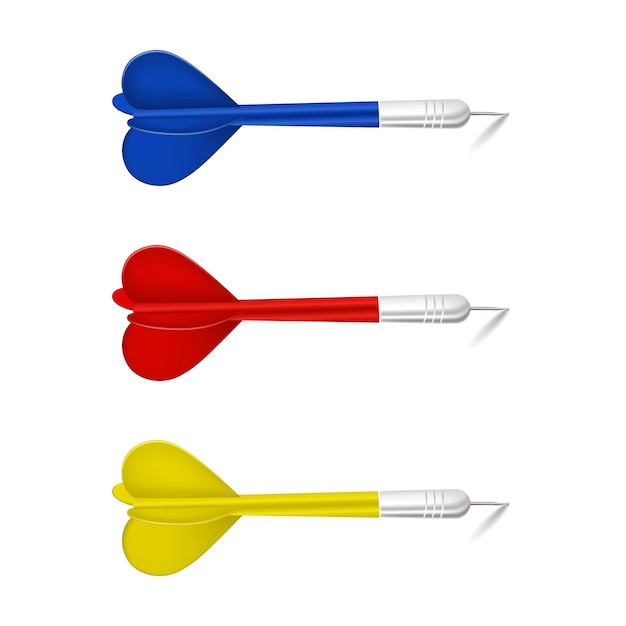Darten geïsoleerd op een witte achtergrond Set van drie blauwe rode en gele kleur darts 3D vector illustr