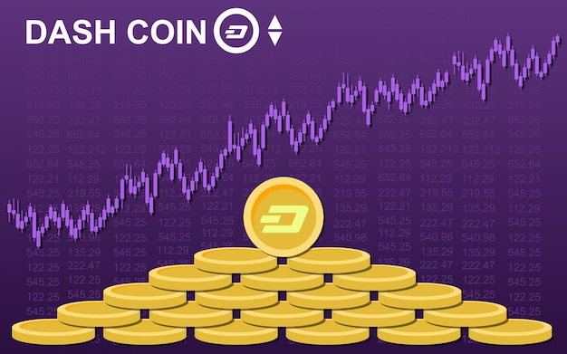 Криптовалюта Dash Coin со свечным графиком роста над стопкой золотых монет Dash
