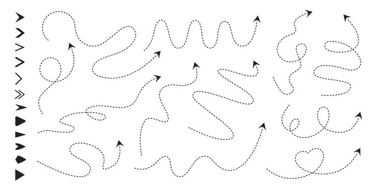 Vector dash line arrows route paths with arrow icons roadmap direction pointer and navigation lines dashed routes with different arrowhead styles vector set curved dotted thin isolated way