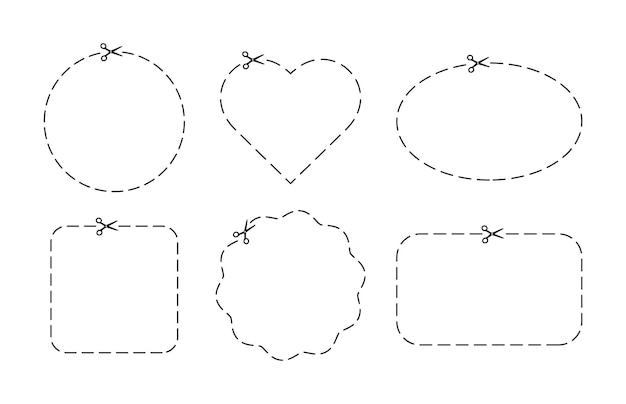 Segni di lineetta in sei diverse forme sul coupon forbice con linea di taglio a punti nastro di rifinitura con forbice bordo di ritaglio nero