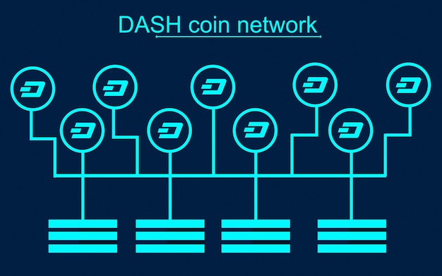 Dash munt blockchain netwerk aangesloten op servers Crypto Mining concept vectorillustratie