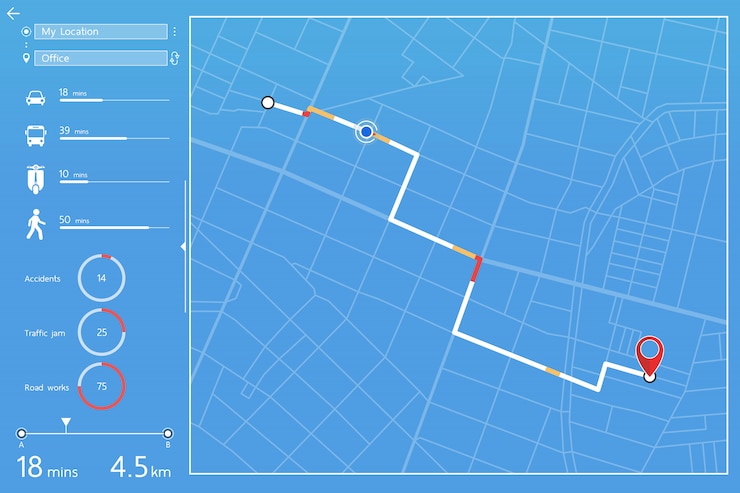 Vector dashboard design of gps navigation in city map