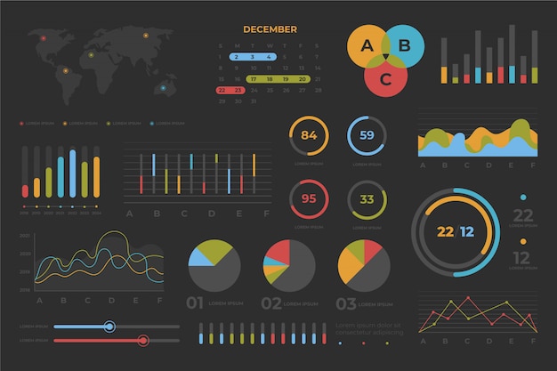 Collezione di elementi cruscotto con set di infografica colorato.