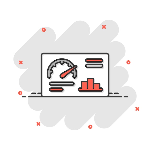 Icona del dashboard in stile fumetto illustrazione vettoriale del fumetto dell'analizzatore finanziario su sfondo bianco isolato concetto di business con effetto splash dell'algoritmo delle prestazioni