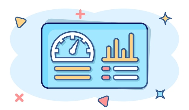 Vettore icona del dashboard in stile fumetto illustrazione vettoriale del fumetto dell'analizzatore finanziario su sfondo bianco isolato concetto di business con effetto splash dell'algoritmo delle prestazioni