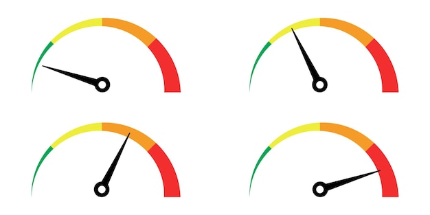 Dashboard kleurrijke snelheidsmeter of toerenteller pictogrammen ingesteld op witte achtergrond. Indicator snelheid.