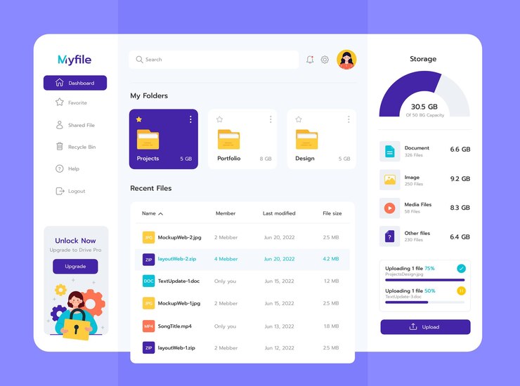 Vector dashboard ui files management template design