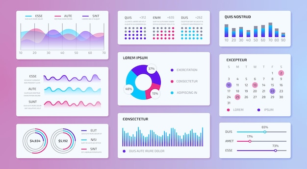 Dashboarddiagram moderne beheerderspaneelkit met grafieken, grafieken en voortgangsbalken futuristisch technisch paneel en gegevensmonitor vectorpresentatie