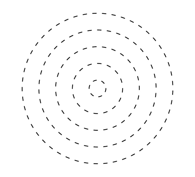 Vettore icona di cerchio concentrico tratteggiato anelli circolari rotti in bianco e nero obiettivo radar ad onde sonore linee rotonde punteggiate abstrazione grafica monocromatica illustrazione vettoriale isolata su sfondo bianco