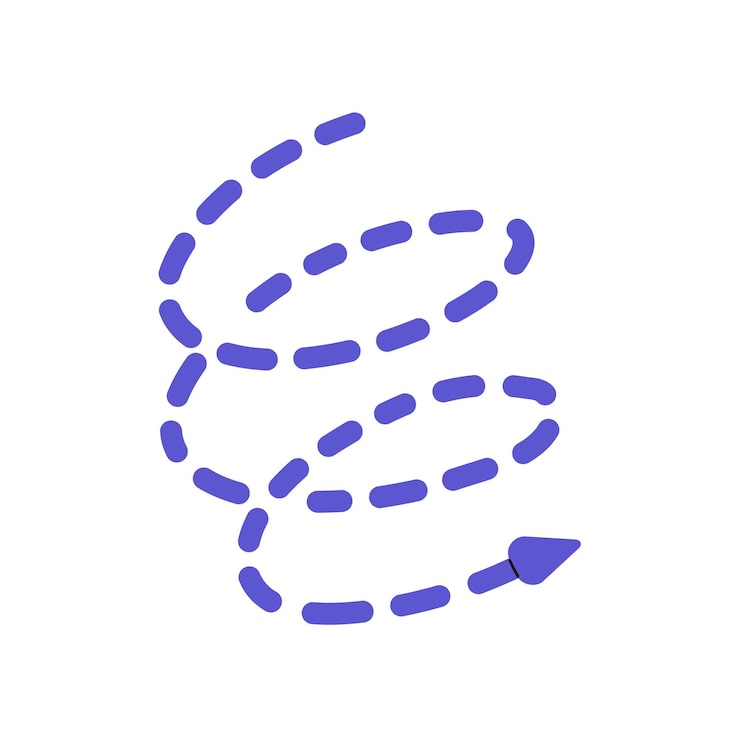 Vector dashed curve with loops showing route twisted dot line with cursor pointing direction abstract arrow sign pointer geometric shape guides way flat isolated vector illustration on white background