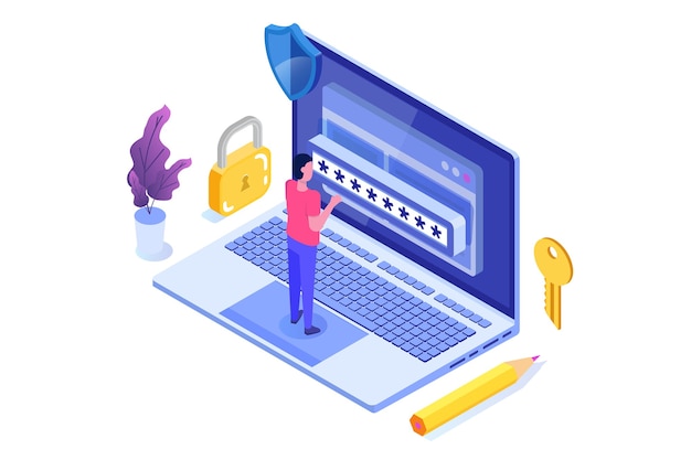 Data access, password isometric concept. login form on screen.