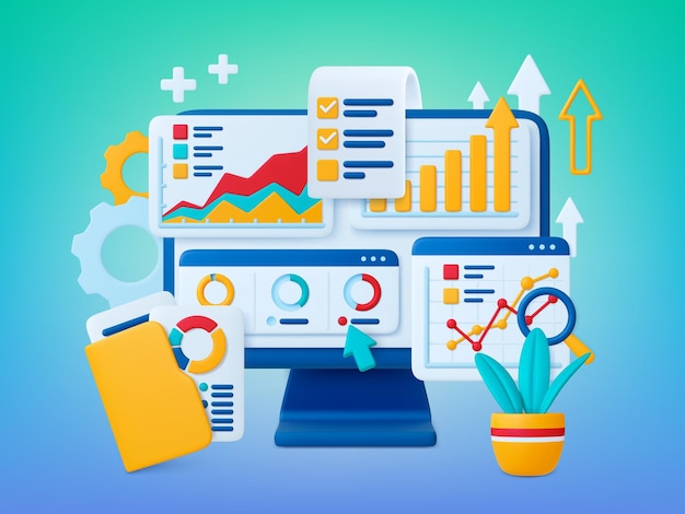 Data-analyse financiële 3D-concept Retail markt grafieken digitale audit grafieken Financiële marketing analyse business banking strategie rendering samengestelde vector scène