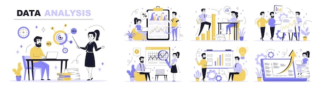Data-analyseconcept ingesteld in plat webontwerp Verzameling met mensen maken marketingonderzoek met voorspellingsrapport werk met grafieken en grafieken Platte vectorillustratie geïsoleerd op witte achtergrond