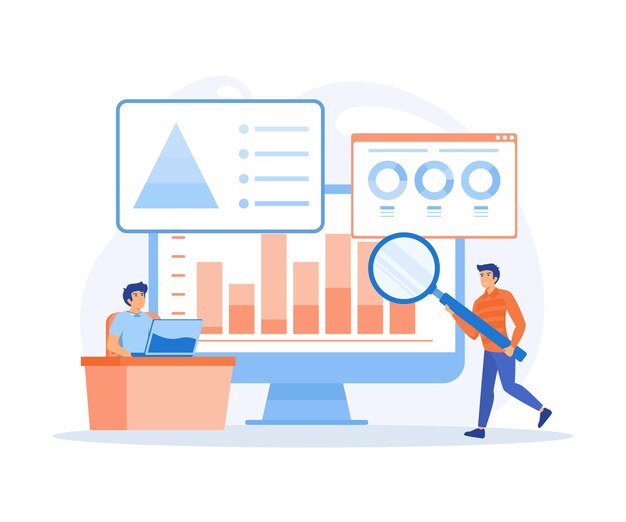 Analisi dei dati per il concetto di investimento finanziario aziendale team di uomini d'affari che lavorano sull'illustrazione moderna del vettore piatto del dashboard del grafico del monitor