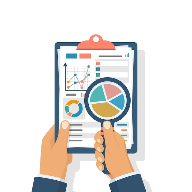 Data analysis clipboard in hand businessman