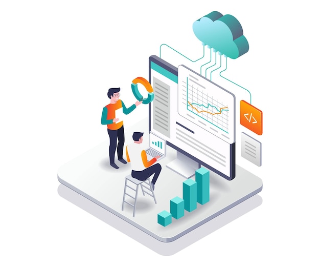 Data analysis cloud server in isometric design