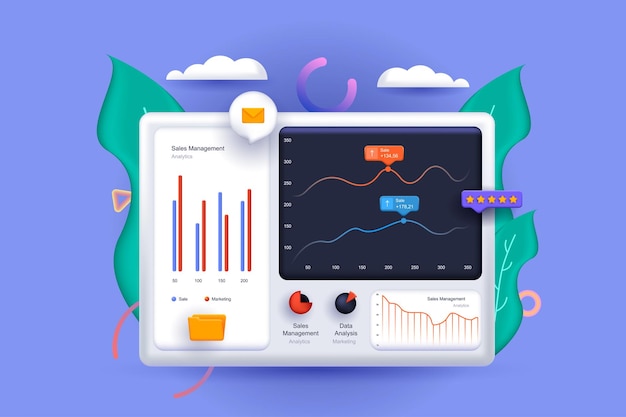 Illustrazione 3d del concetto di analisi dei dati composizione dell'icona con dashboard con grafici e studio dei grafici