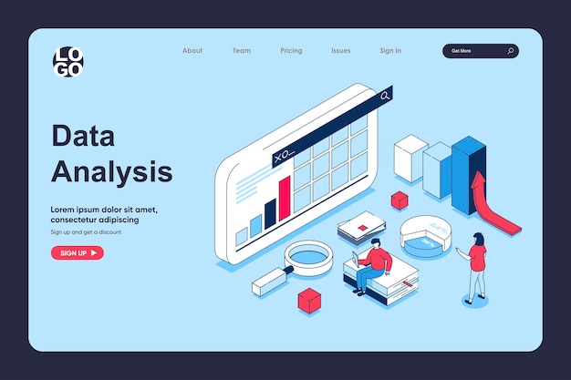 Data analysis concept in 3d isometric design for landing page template People analyzing graphs and charts creating business reports working with financial diagrams Vector illustration for web